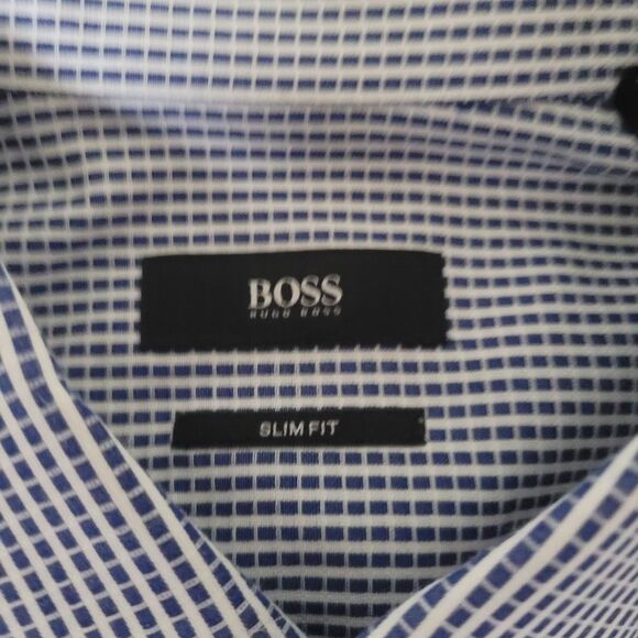 Hugo Boss Slim Fit Dress Shirt 17.5 Albini Fabric Blue Check Cotton New No Tags - Picture 3 of 10